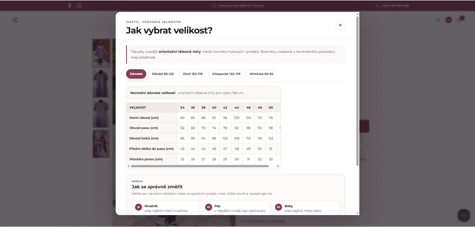 Interaktivní průvodce velikostmi v e-shopu